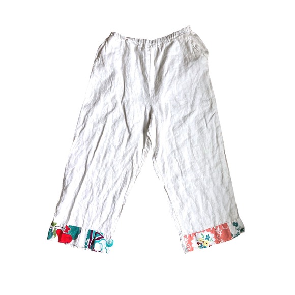 Home Frocks Pants - Home Frocks White 100% Linen Wide Leg Crop Pants L Floral Patchwork Trim